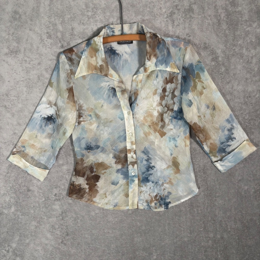 Mandee Vintage Y2K Watercolor Floral Button Down Blouse Blue Brown 3/4 Sleeve L